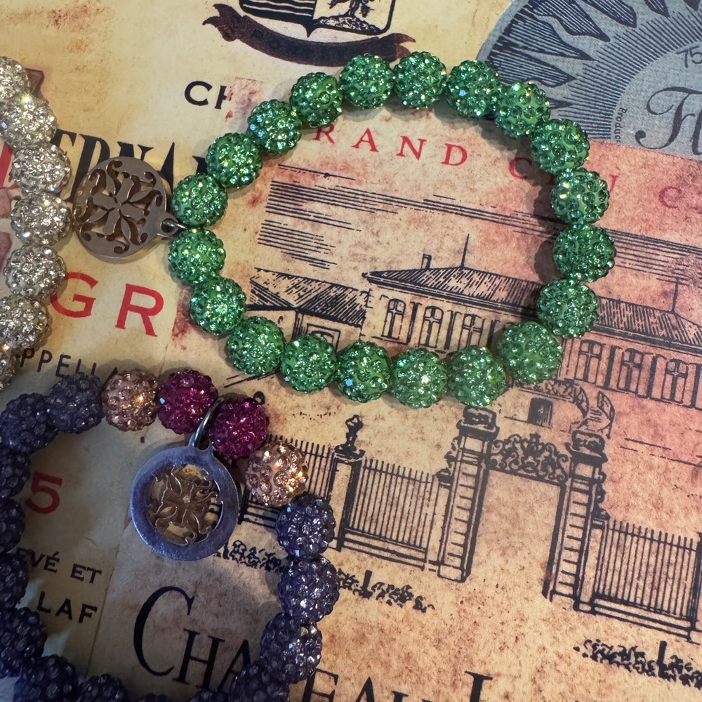 NEW 3 RUSTIC CUFF Elegant Beaded BEDAZZLED Bracelets- Green, Purple, Gold - Picture 2 of 5